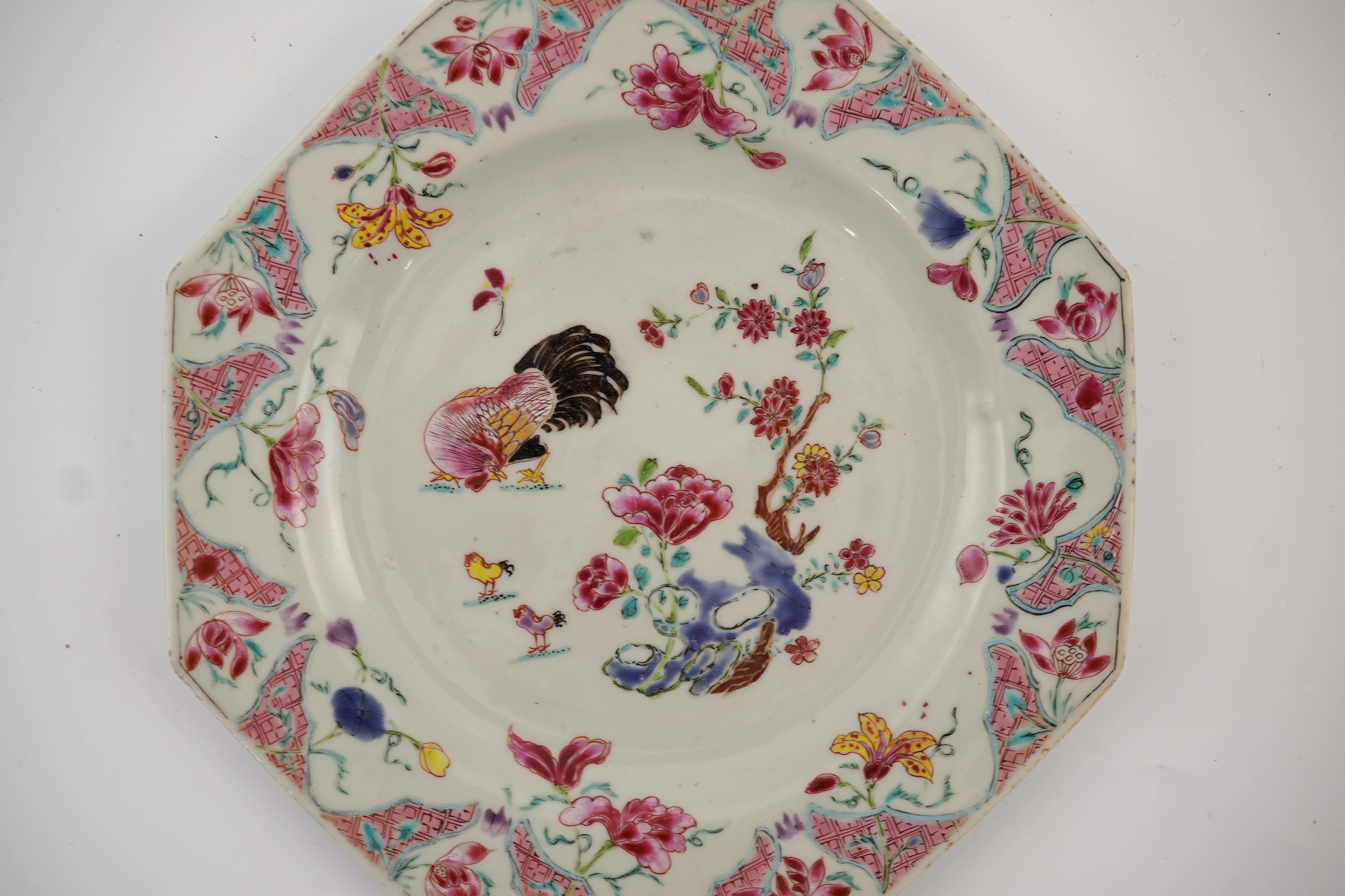 A Chinese famille rose ‘chickens’ octagonal plate, Qianlong period